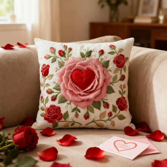 Valentine Decor Red Rose Heart Pillow Embroidered Floral Fabric Bouquet Petals Valentine's Day Decorations for Living Room Sofa