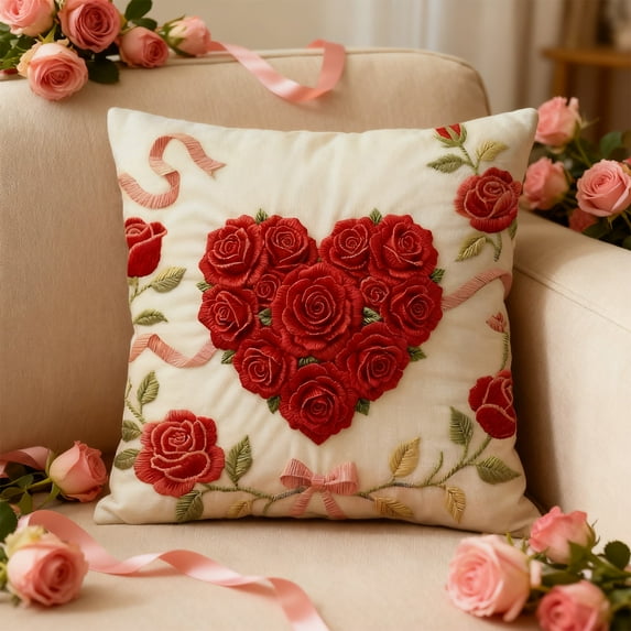 Valentine Decor Rose Heart Pillow Case Handcrafted Embroidery Sofa Cushion Floral Valentine's Day Decorations Romantic Living Room