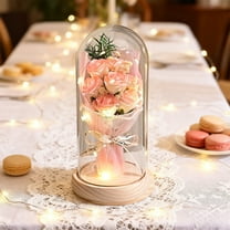 Valentine Decor Sweet Color Rose Cloche Bouquet Preserved Flowers Fairy Lights Silver Ribbon Wood Base Romantic Mantle Display Valentine's Day Gift