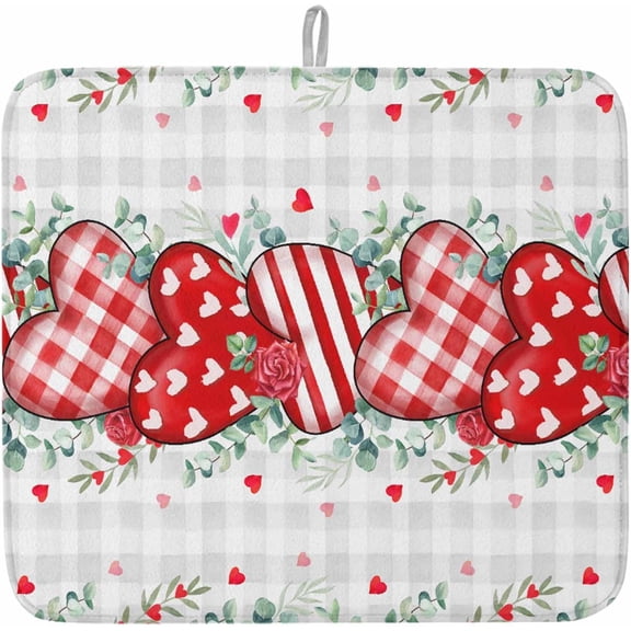 Valentine Dish Drying Mat for Kitchen Counter Love Heart Rose Drying Pad Absorbent Drying Mats for Countertops Sinks Draining Racks Love Kiss Red Reversible Drainer Valentines Holiday Decor 16x18 Inch