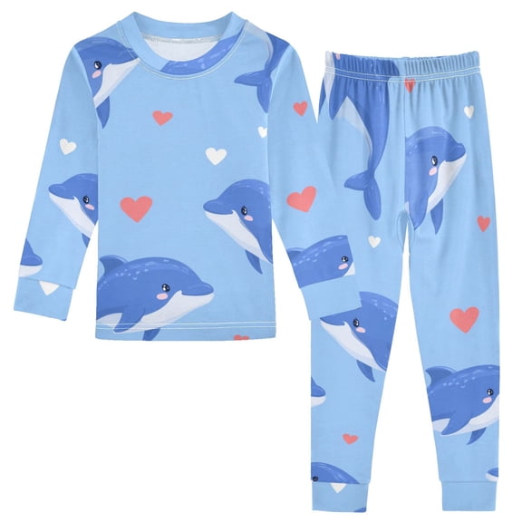 Valentine Dolphins Hearts Cartoon Cotton Pajama Set Long Sleeve Top and Pants Sleepwear Unisex 3T