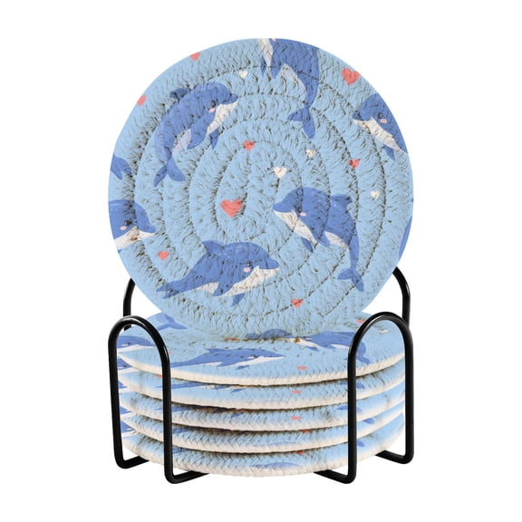 Valentine Dolphins Hearts Cartoon Drinking Coasters Cup Mat with Holder for Kitchen Cafe Bar 6 Packs