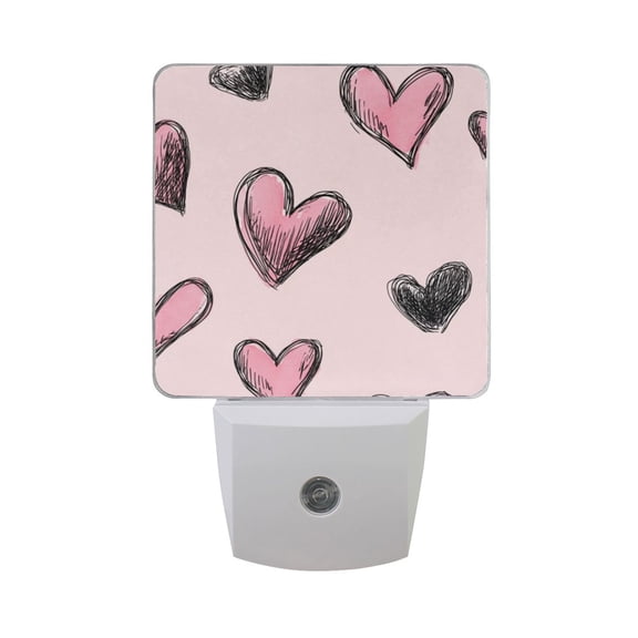 Valentine Doodle Hearts Pattern in Pink Black LED Night Light Sensor Lamp Plug-in Adjustable Brightness 2 Pack