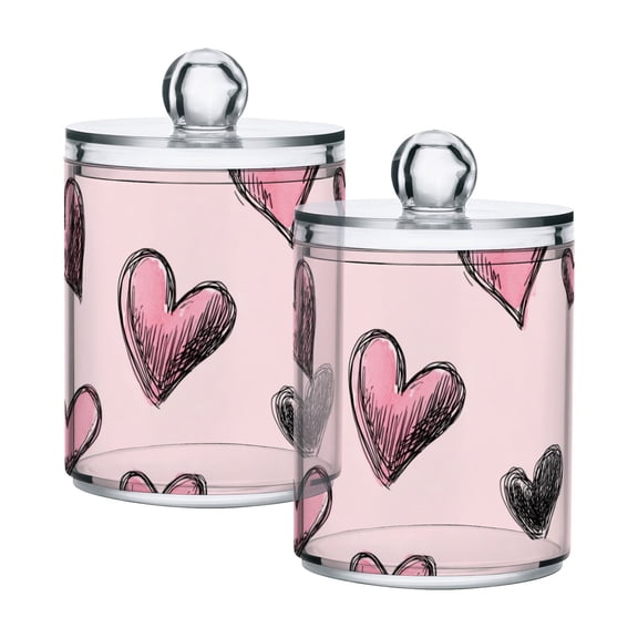 Valentine Doodle Hearts Pattern in Pink Black Translucent Plastic Cans Storage Canisters with Lid Set of 2