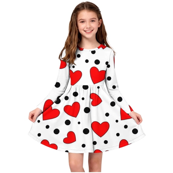 Valentine Dress For Girls Crew Neck Long Sleeve Cute Print Midi Dresses Holiday Casual Trendy Clothes (4-5 Years, White)