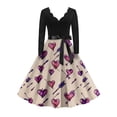 thumbnail image 1 of Valentine Dress for Women 1950S Retro Long Sleeve V-Neck Cocktail Dresses with Belt Love Heart Printing A-Line Dress Khaki M, 1 of 5