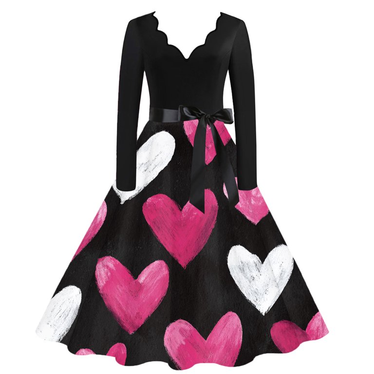 long sleeve valentine dress for wife Valentine Dress for Women Long Sleeve V-Neck Cocktail Dresses with Belt  Love Heart Printing A-Line Dress Light pink S