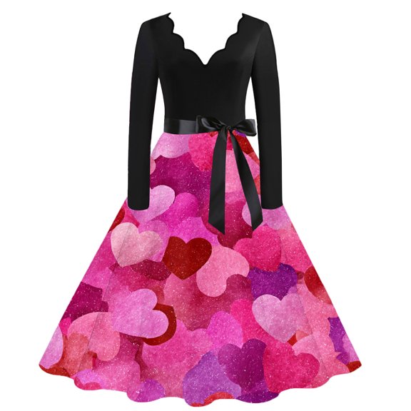 Valentine Dress for Women Retro Long Sleeve V-Neck Cocktail Dresses with Belt Love Heart Printing A-Line Dress Dark Purple L