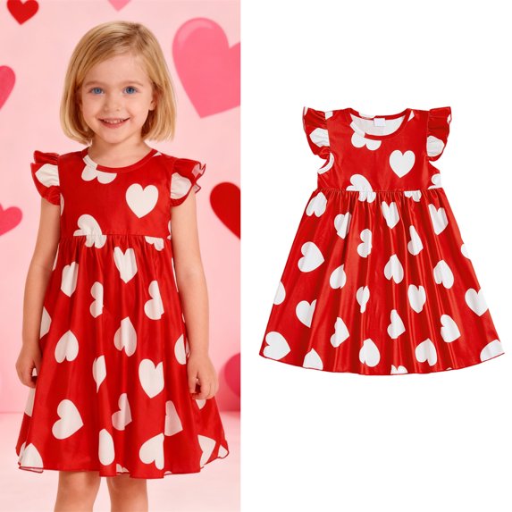 Valentine Dresses for Girls Heart Print Ruffle Sleeve Swing A-Line Casual Sundress Girls Summer Dresses for Girls 4-5 Years