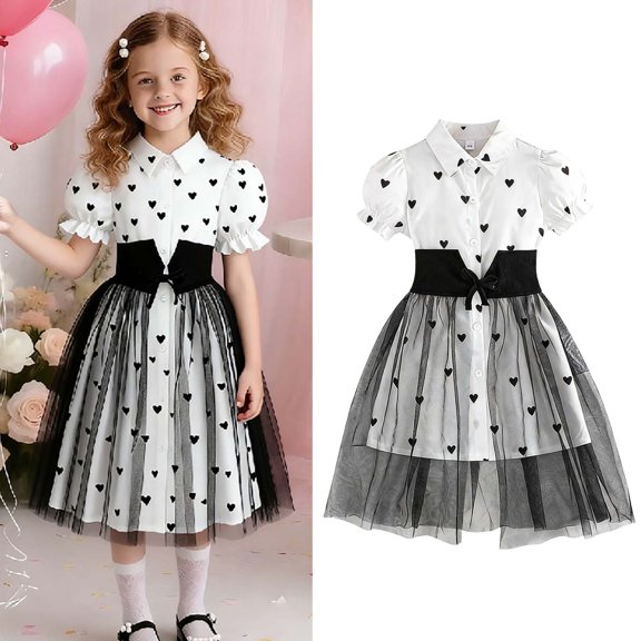 Valentine Dresses for Girls Puff Sleeve Heart Print Tutu Dress Girls Tulle Dresses Girls Summer Dress Girls Party Dresses Size 4-5 Years
