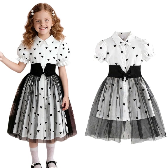 Valentine Dresses for Girls Puff Sleeve Heart Print Tutu Dress Girls Tulle Dresses Girls Summer Dresses Girls Formal Dress 4-5 Years