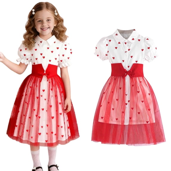 Valentine Dresses for Girls Puff Sleeve Heart Print Tutu Dress Girls Tulle Dresses Girls Valentines Day Outfit Dress for Girls 4-5 Years