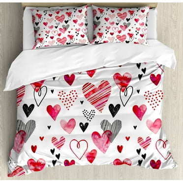 Valentine Duvet Cover Set, Different Types of Heart Shapes Romance Love Theme Watercolor Striped Art, Decorative 3 Piece Bedding Set with 2 Pillow Shams, Calking Size, Pink Black White, by Ambesonne
