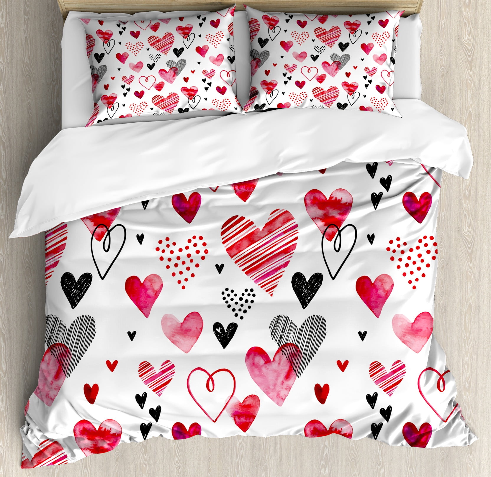 Pink Black White Heart Pattern King Duvet Cover Set