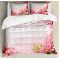 thumbnail image 1 of Valentine Duvet Cover Set, Framework with Romantic Roses with Leaves Bridal Wedding Marriage Corsage, Decorative 3 Piece Bedding Set with 2 Pillow Shams, Queen Size, Pink Coral Green, by Ambesonne, 1 of 3