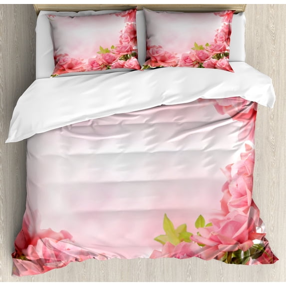 Valentine Duvet Cover Set, Framework with Romantic Roses with Leaves Bridal Wedding Marriage Corsage, Decorative 3 Piece Bedding Set with 2 Pillow Shams, Queen Size, Pink Coral Green, by Ambesonne