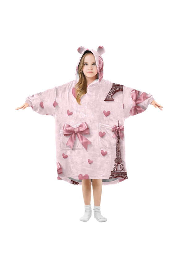 Valentine Effiel Tower with Bows Hearts Flannel Wearable Blankets Hooded Design Long Sleeves Wrap Unisex for 3T-14Y L