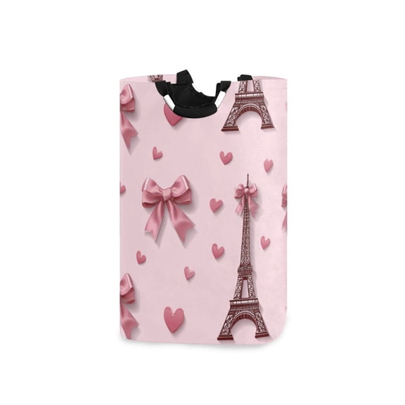 Valentine Effiel Tower with Bows Hearts Laundry Basket with Handles Foldable Laundry Hamper Freestanding Washing Bin 50L