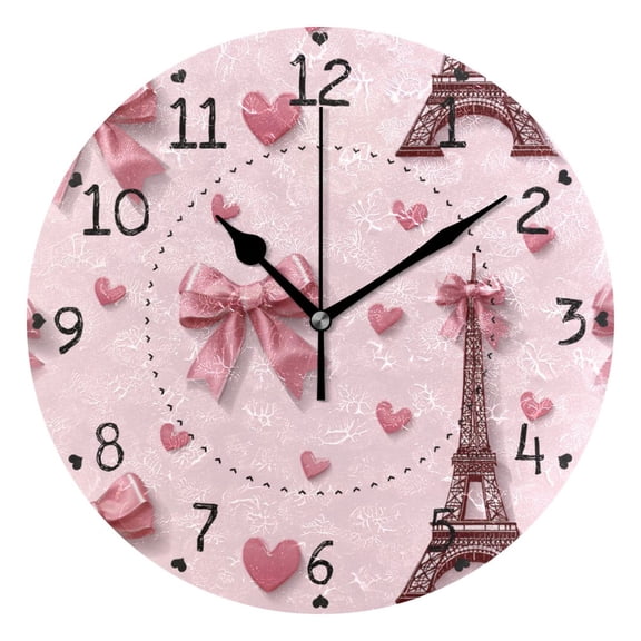 Valentine Effiel Tower with Bows Hearts Round Wall Clock Silent Analog Battery Operated Black Pointer Home Decor 9.84" Diameter
