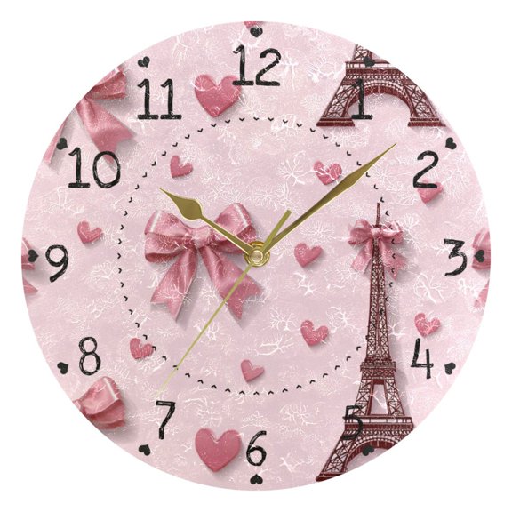 Valentine Effiel Tower with Bows Hearts Round Wall Clock Silent Analog Battery Operated Gold Pointer Home Decor 9.84" Diameter