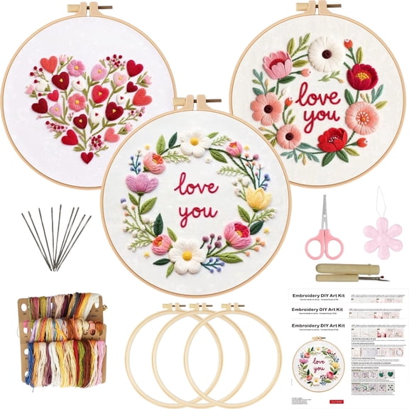 Embroidery Kit for Beginners – 3 Hoops, 3 Patterns, Needles, Thread & Tools – Beginner Gift Set for Mother's Day