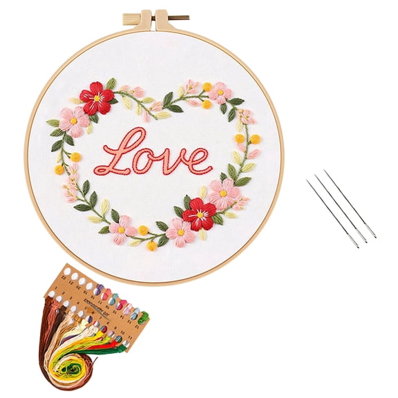 Valentine Embroidery Kit for Beginners - Heart Floral Design Adults Starter Cross Stitch Kit DIY Needlepoint with Hoop, Pre-Printed Fabric, Threads & Step-by-Step Guide