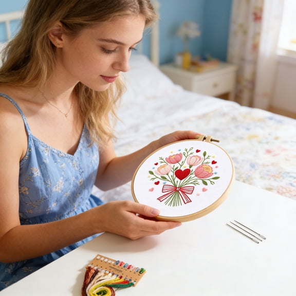Valentine Embroidery Kits for Beginners Adults Counted Cross Kits for Anniversary Valentine's Day Gift Embroidery Hoops Fabric Thread Red Flower 7.8 In