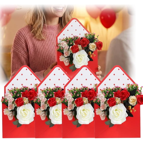 Valentine Envelope Boxes, Large 8 Inch Valentine’s Day Open-Top Basket Box, Hand Folding Bouquet Flower Box for Arrangements, Envelop Paper Boxes (2 Pcs)
