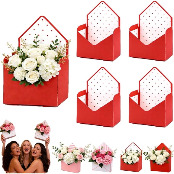 Valentine Envelope Boxes, Valentine Envelope Gift Box, Red Envelope Box, Valentines Day Flower Bouquet Package Gift Folding Paper Boxes for Wedding Birthday Festival Party Decoration (4Pcs*A Style)