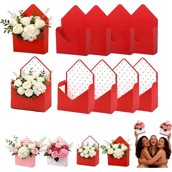 Valentine Envelope Boxes, Valentine Envelope Gift Box, Red Envelope Box, Valentines Day Flower Bouquet Package Gift Folding Paper Boxes for Wedding Birthday Festival Party Decoration (8PCS*Red)