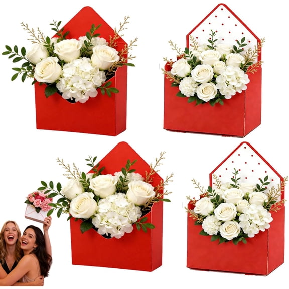 Valentine Envelope Boxes, Valentine Envelope Gift Box, Red Envelope Box, Valentines Day Flower Bouquet Package Gift Folding Paper Boxes for Wedding Birthday Festival Party Decoration (4Pcs*Red)