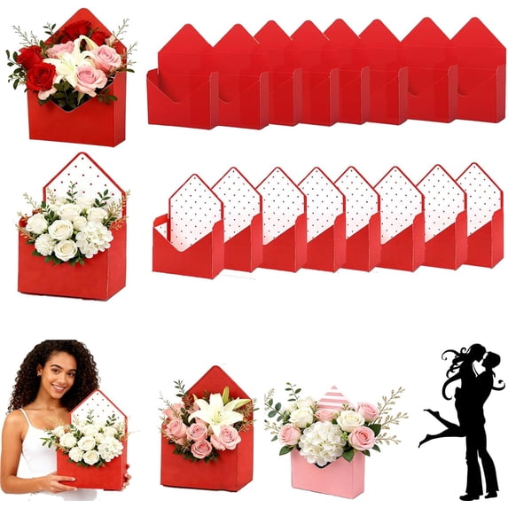 Valentine Envelope Boxes, Valentine Envelope Gift Box, Red Envelope Box, Valentines Day Paper Flower Gift Bags Set, 4/8 PCS Paper Bouquet Flower Gift Bag with Handle Small Folding Hand Hold