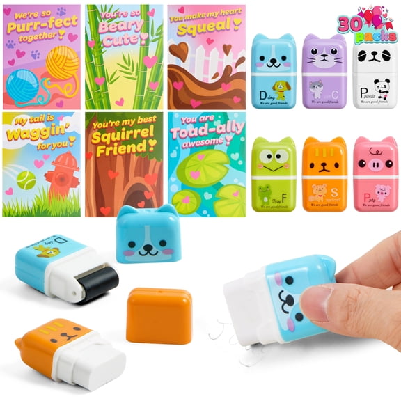 Joyfy 30 PCS Valentines Cards with Animals Erasers and Clean Up Roller for Kids Party Favor, Classroom Exchange Prizes, Valentine’s Greeting Cards
