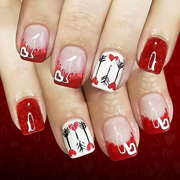 Valentine French Tip Press on Nails Heart Arrow Design Fake Nails Red Nail Tip Acrylic Nails Glitter Press on Nails Short Square False Nails for Women Girls Valentines Date Party Nail Art