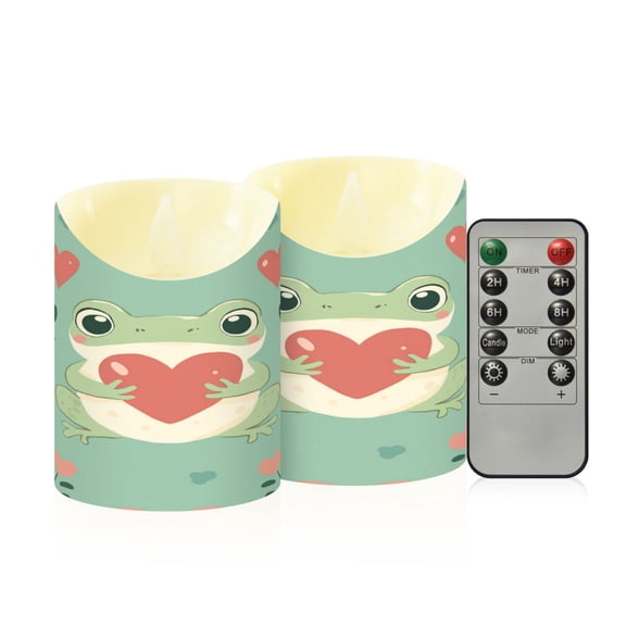 Valentine Frog with Hearts Leaves Flickering Flameless Candles with Remote Timer Battery Operated LED Tealight Set of 2 S