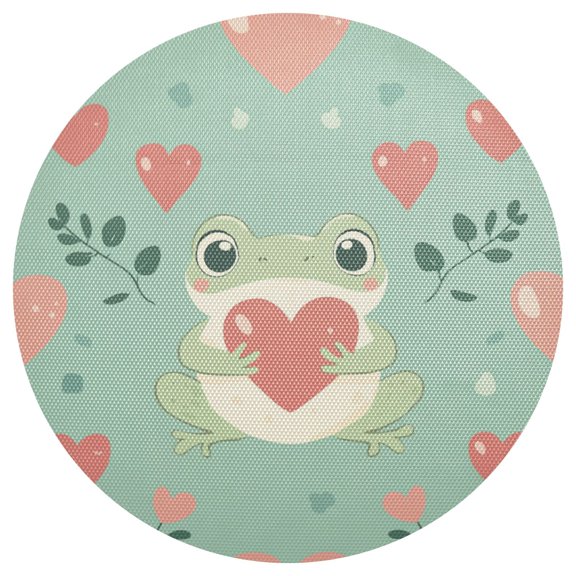Valentine Frog with Hearts Leaves PVC Round Grid Placemat Table Mat 1 Pc 15.4" x 15.4"