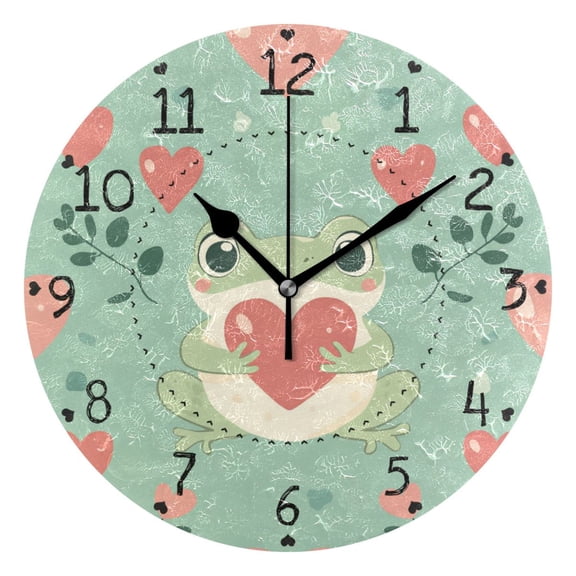 Valentine Frog with Hearts Leaves Round Wall Clock Silent Analog Battery Operated Black Pointer Home Decor 9.84" Diameter