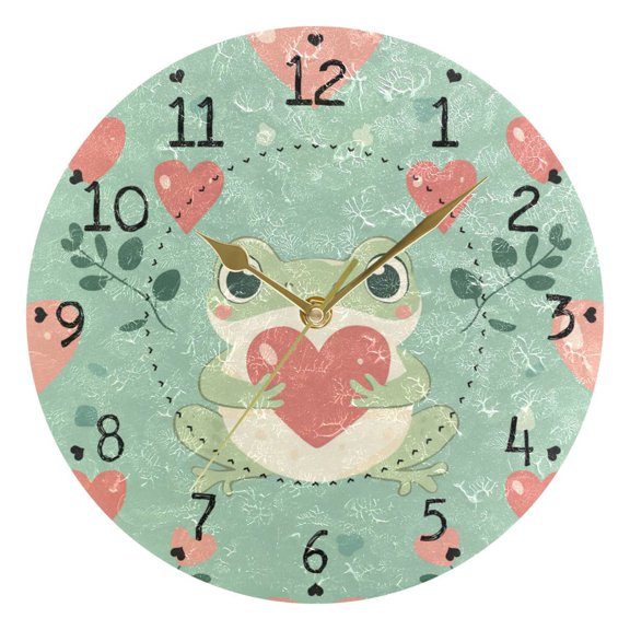 Valentine Frog with Hearts Leaves Round Wall Clock Silent Analog Battery Operated Gold Pointer Home Decor 9.84" Diameter