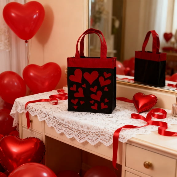 Valentine Gift Bag Red Heart Shaped Printed Cloth Bag Black Large Fabric Pouch Present Container Valentine's Day Decor