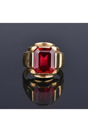 Valentine Gift Emerald Cut Lab Created Red Ruby Men's Ring 14k Yellow Gold Plated