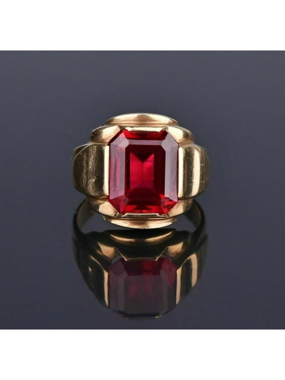 Valentine Gift Emerald Cut Lab Created Red Ruby Men's Ring 14k Yellow Gold Plated