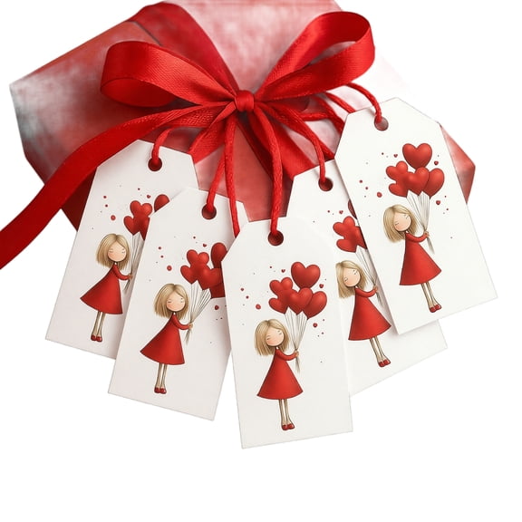 Valentine Gift Tags, Heart Gift Tags, Valentine Name Tags, Name Tags for Gift Bags, 24 Pack 3.5X2.5 Inch Cartoon Girl Red Heart Balloon Printed Cards with Red and White Twine for
