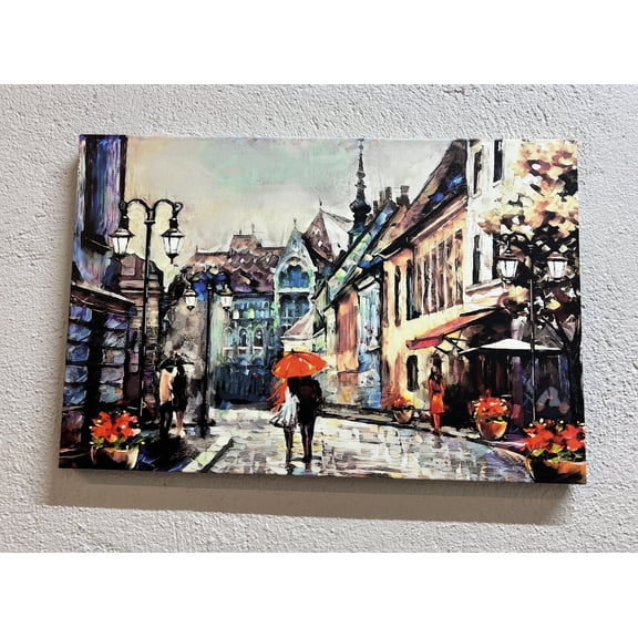 Valentine Gift Wall Art, City Landscape Printed Canvas, Romantic Couple Art Canvas, Lovers Under The Red Umbrella, View Poster, Canvas Wall Decor - Natural Framed
