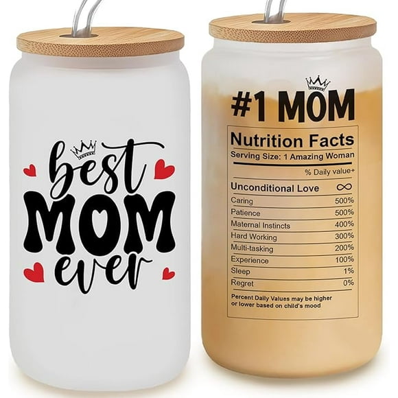 Valentine Gifts For Mom - Best Mom Ever 16oz Frosted Glass Cup - Ideal Mother's Day, Birthday Gift for Mother from Daughter, Son, Kids, Best Mama Glass Cup with Straw, Mommy Gifts, Momma Gifts