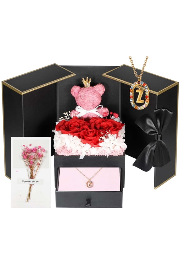 Valentine Gifts for Women Mom Girlfriend Wife Preserved Forever Flowers Roses Bear with 18K Gold Plated Necklace Z, Eternal Flowers Rose Anniversary Birthday Gifts for Her Mother from Daughter C113