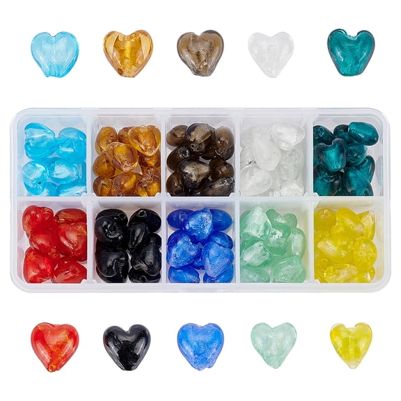 Valentine Gifts for Her Ideas Handmade Silver Foil Glass Beads Heart Mixed Color 12x12x8mm Hole: 2mm 10 colors 10pcs/color 100pcs/box