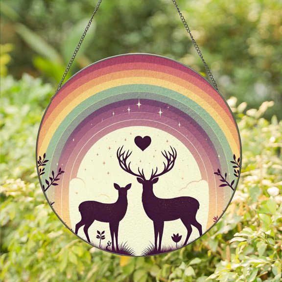 Valentine Glass Suncatcher, Love Deer Window Hanging Rainbow Romantic, 6.3 in