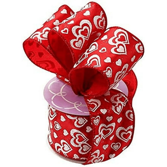 Valentine Glitter Hearts Satin Ribbon 2 1/2" x 10 Yards, White Glitter Hearts, Red Wired Ribbon, Christmas, Wreath, Gift, Valentines Day