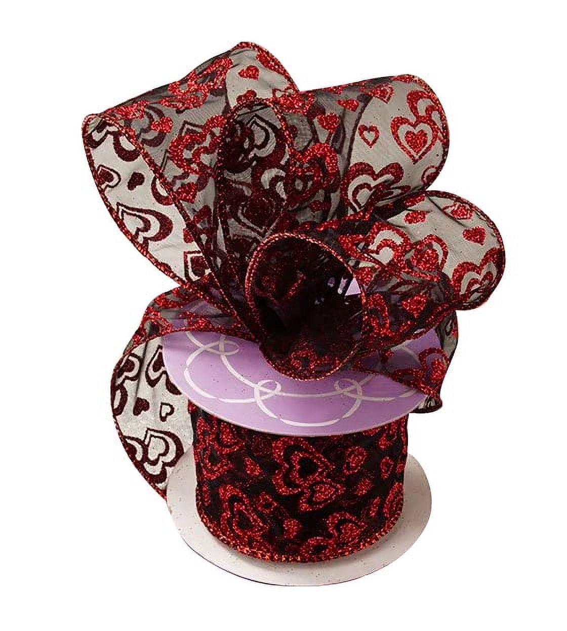 Valentine Wired Ribbon * Love Glitter Hearts w/Mini Check * Grey, Black,  White and Red Canvas * 2.5 x 10 Yards * RGE107910