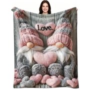 Valentine Gnome Couple Pink Heart, Soft Flannel Fleece, Sweet Romantic, Throw Blanket, Warm Love Comfort, Couch Bed Decor, Couples Gift and All Season Snuggles